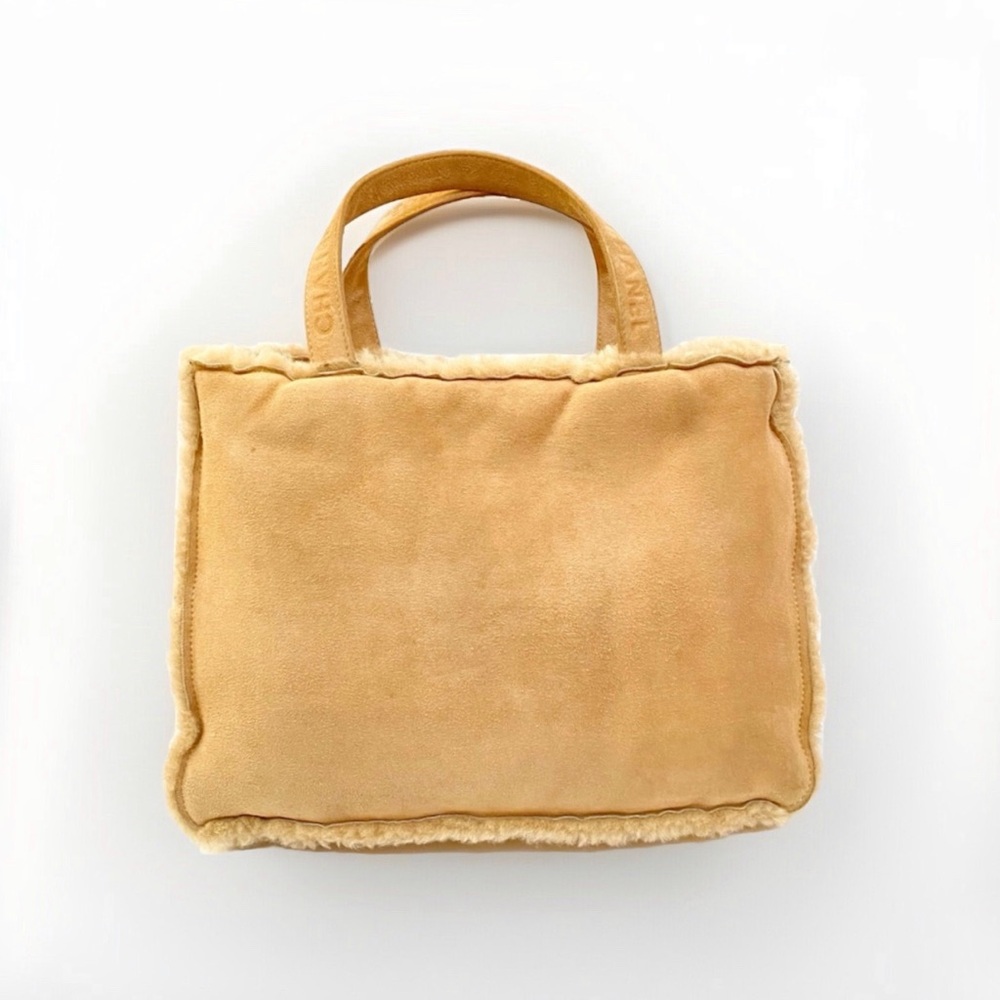Vintage Chanel beige tan suede shearling sheepskin top handles tote purse bag - Picture 1 of 15